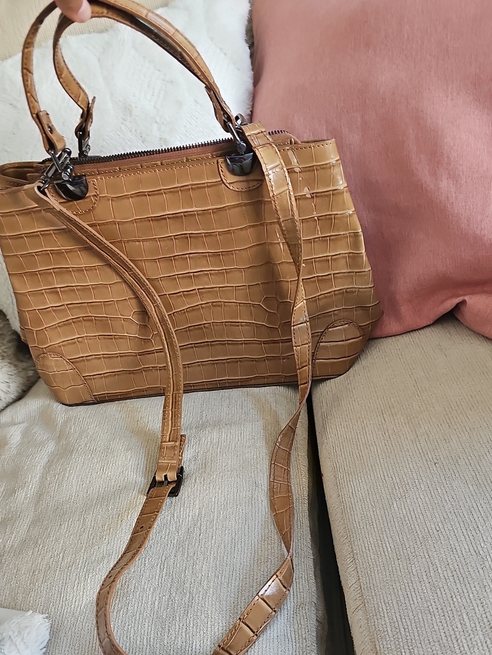 Structured Croc-Embossed Satchel Bag in Tan